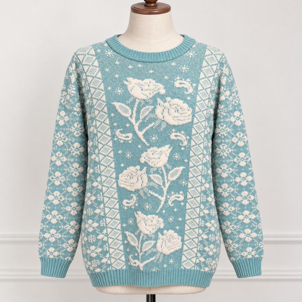 Vintage 80s Private Eyes Aqua Rose Floral Lurex Sweater Made USA Approx L